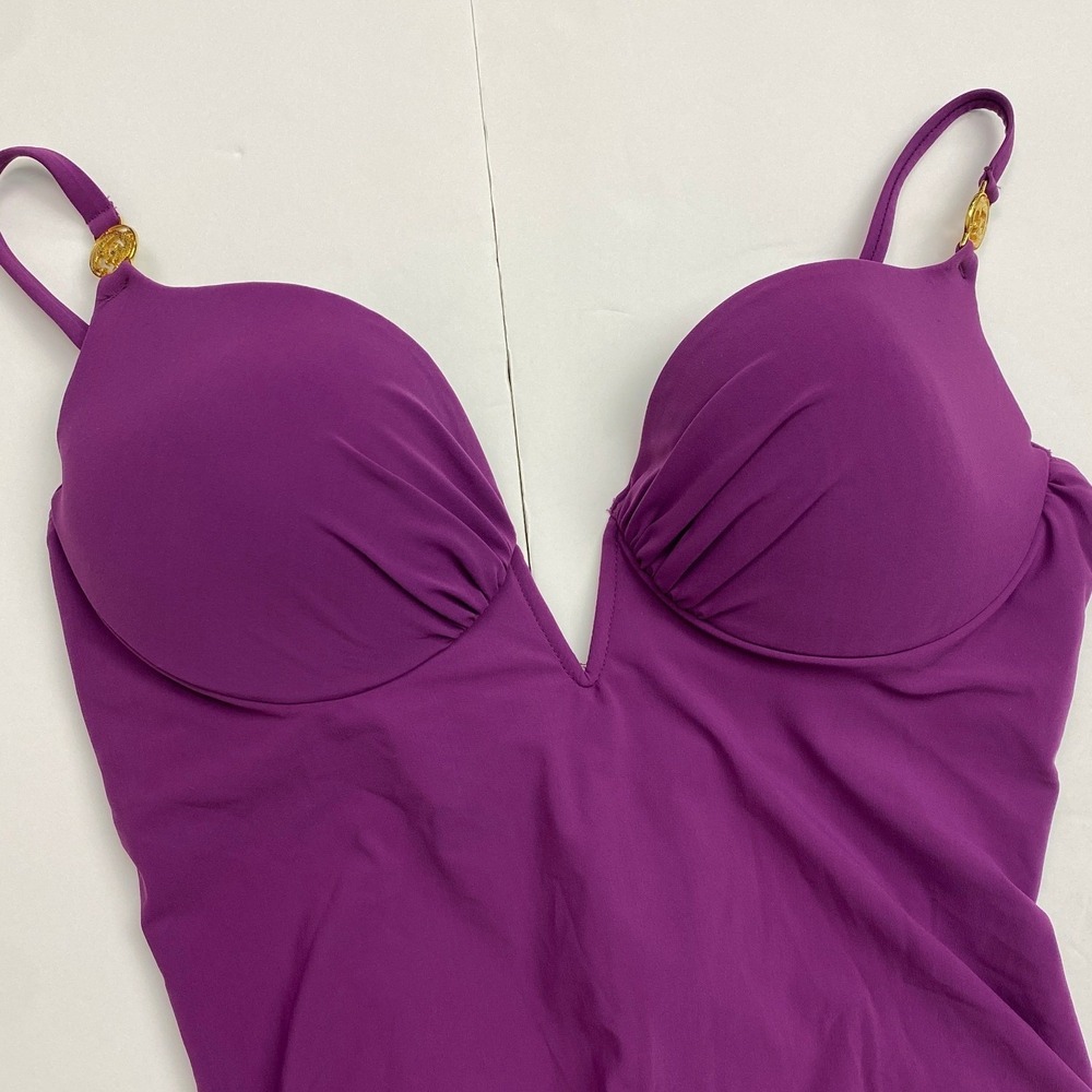 Natori, Purple Plunge Underwire One Piece Swimsuit Tie Back Size 10 C/D - Picture 3 of 11